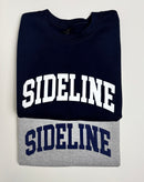 Gray and navy cozy crewneck sweaters with logo from Sideline Bags.
